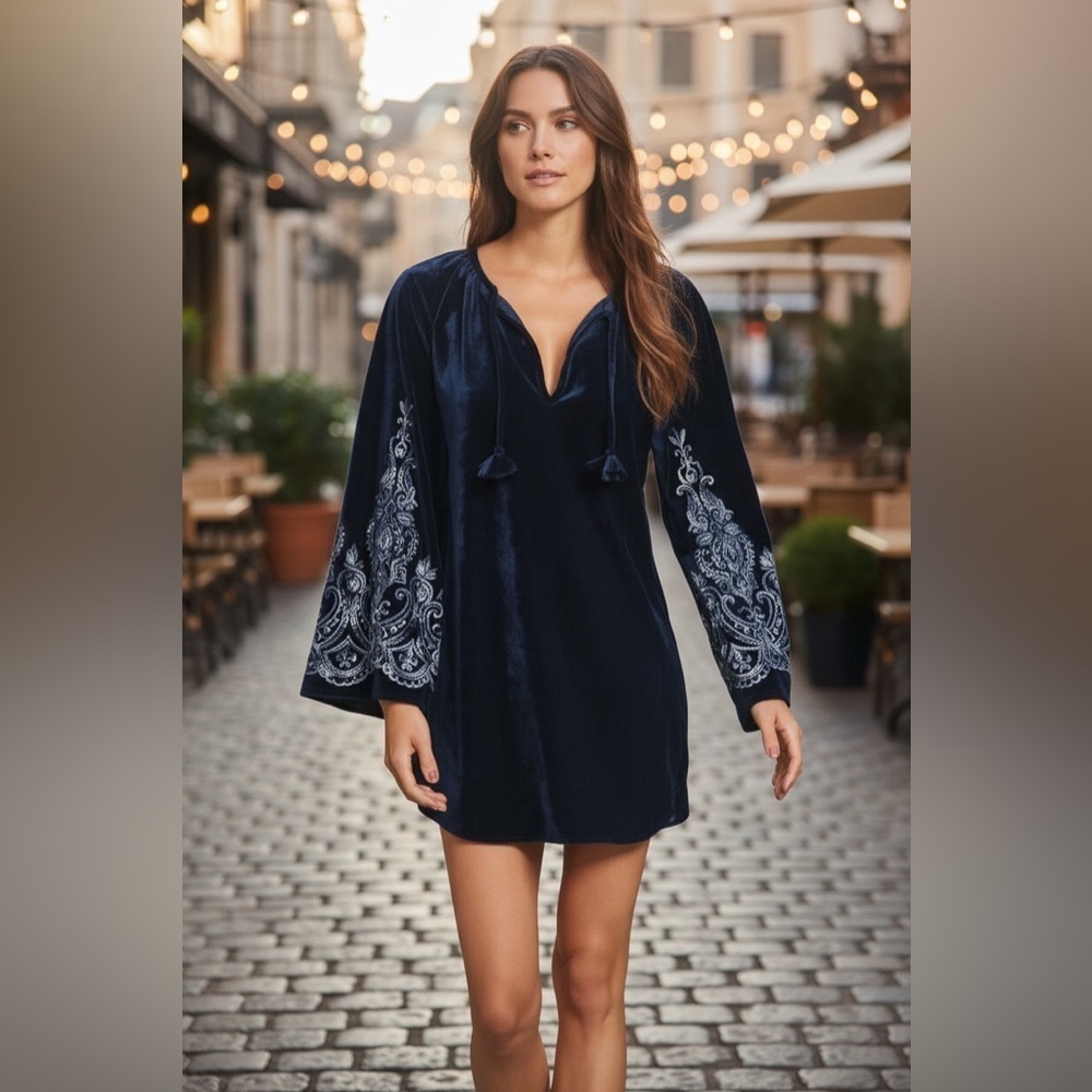 MISA Los Angeles Luca Navy Blue Velvet Embroidered Sleeve Shift Dress Size L